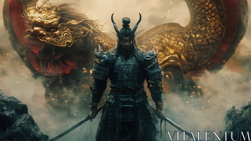 Storm-lit samurai stands proudly before a coiling dragon spirit