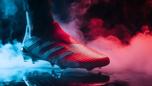 Red soccer boot in dramatic neon smoke-lit studio scene.