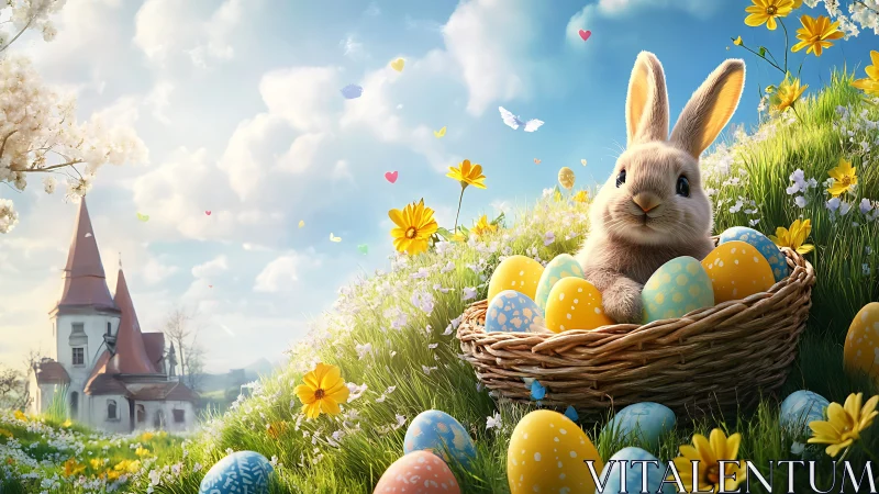 Easter bunny in basket of painted eggs on spring meadow.