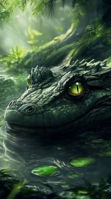 Crocodilian head emerging from shaded forest water surface.