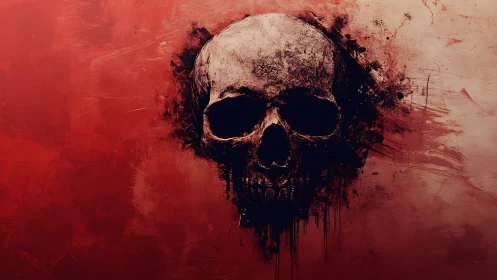 Grim skull emerges from smeared red abstract background