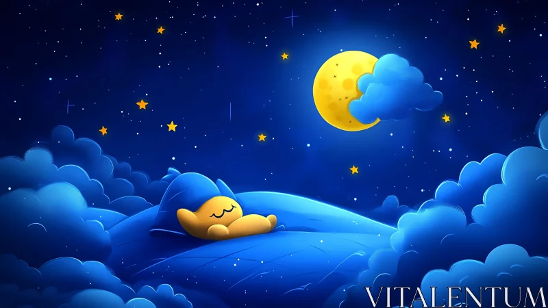 Dreamy moonlit clouds cradle a cozy sleeping character