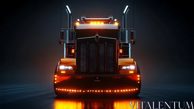 Bold orange semi truck glowing warmly in dramatic night light.