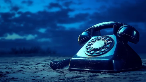 Retro rotary desk telephone on sandy ground at blue hour