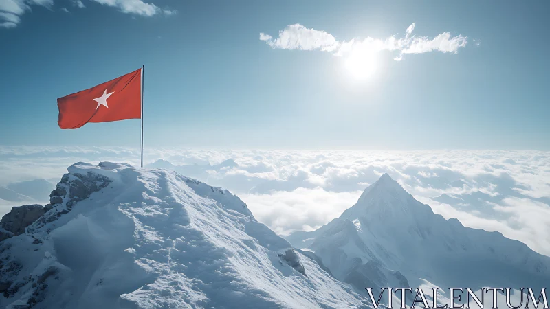 Crimson summit flag staking claim above cloud kingdoms.