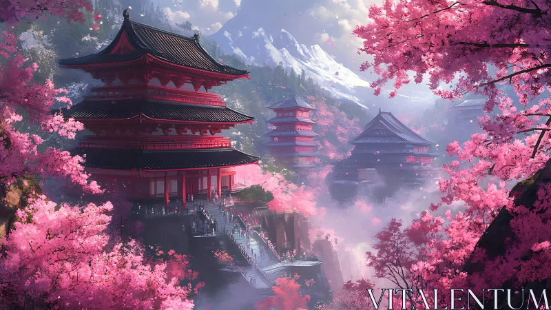 Cherry blossom temples drift in mist beneath snowcapped peaks.