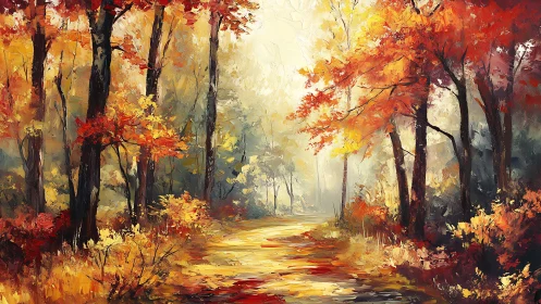 Golden Autumn Path Through Vibrant Woodland