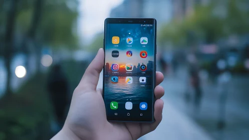 Android smartphone displaying colorful app interface in urban environment outdoors