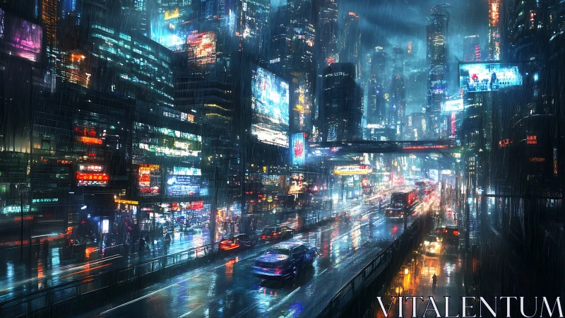 Rain soaked cyberpunk city street glows with neon traffic