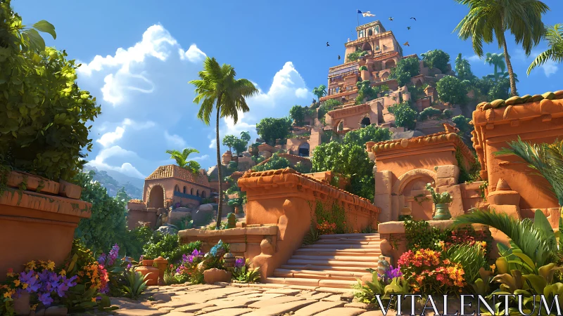 Sunlit terraced temple rises above lush tropical courtyard