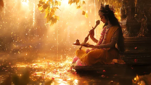 Golden river of prayer cradling a garlanded goddess glow.