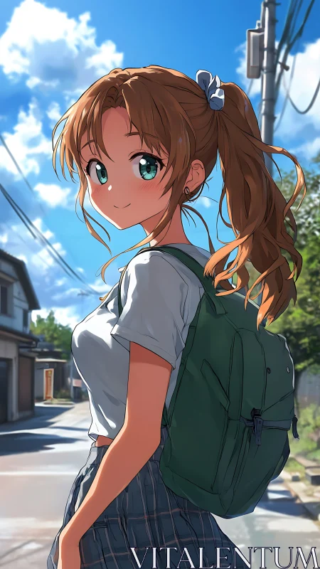 Smiling schoolgirl walks sunlit suburban street in summer