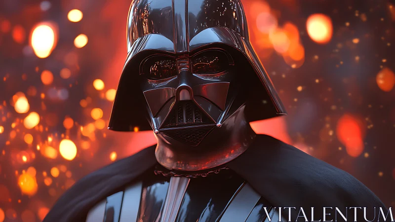 Black armored helmeted figure before blurred orange lights.