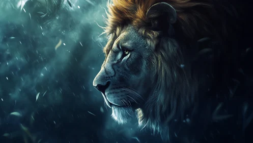 Majestic lion profile in moody blue and golden light.