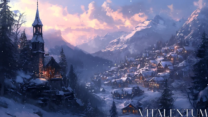 Snowy mountain village glows with warm lantern lights at dusk