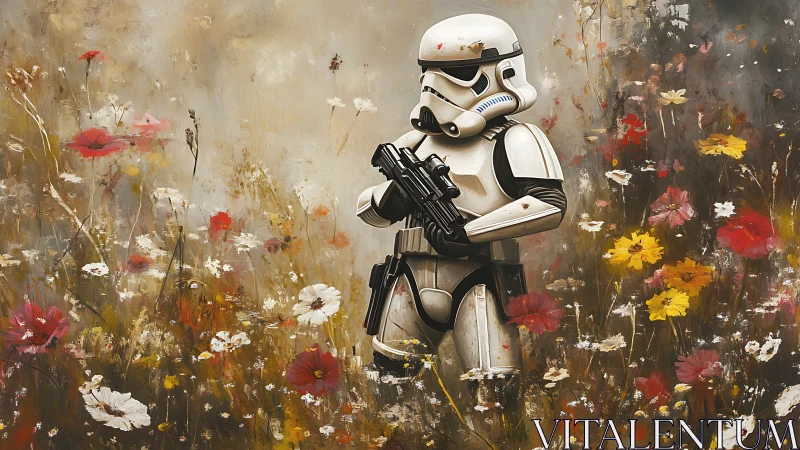 Stormtrooper figure in dense wildflower field environment.