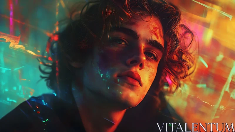 Neon-lit portrait isolates contemplative youth amid prismatic haze