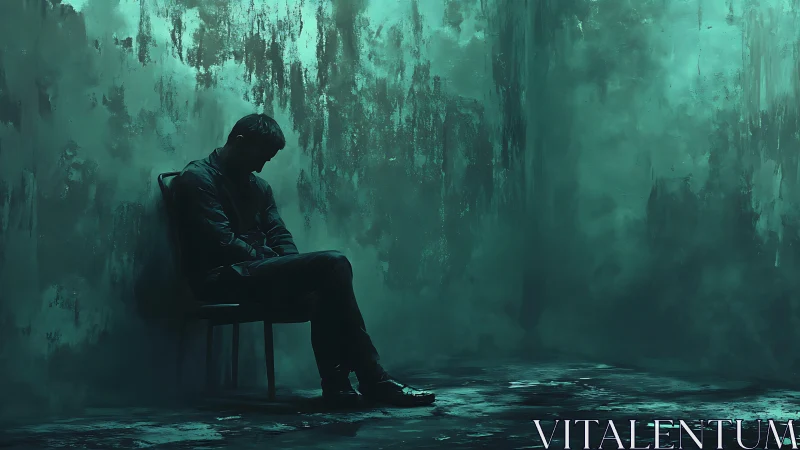 Solitary man sits in teal shadowed concrete room.