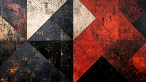 Geometric abstraction with distressed triangular planes and divided color fields