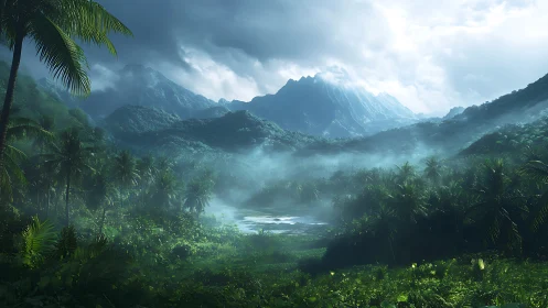 Misty Mountain Valley Tropical Landscape Digital Art