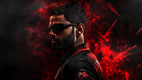 Intense athlete portrait ignites against abstract red flames