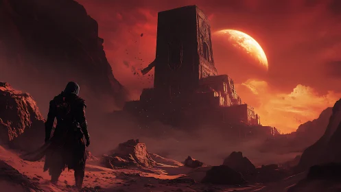 Hooded wanderer before blood-red monolith at eclipsed dusk.