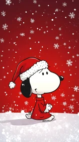 Cartoon dog in Santa outfit stands under stylized snowfall