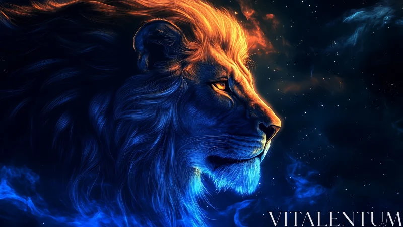 Bioluminescent lion profile in dual color cosmic environment.