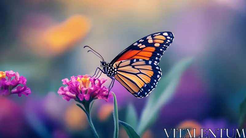Monarch butterfly on pink flower with soft blurred background.
