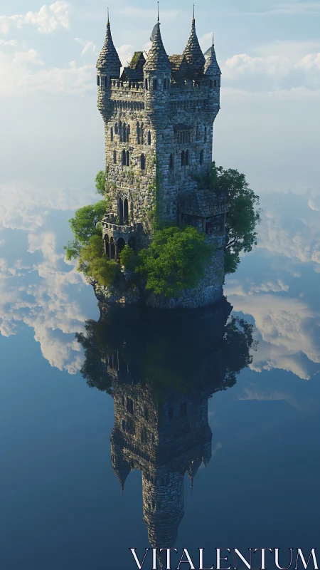 Isolated stone watchtower reflected on still mirror lake