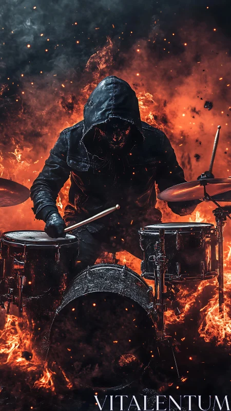 Hooded fire drummer unleashing intense, molten energy.