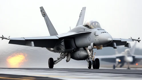 Jet on misty runway crouches low, ready to claw the sky