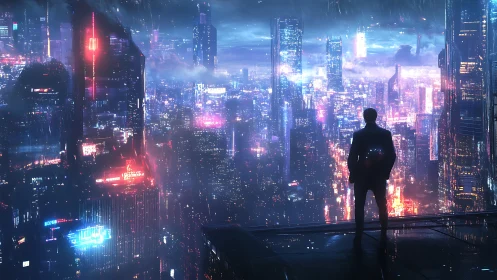 Man on rooftop overlooking neon cyberpunk megacity at night.