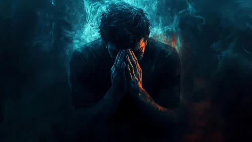 Solitary figure bows in quiet struggle within swirling light