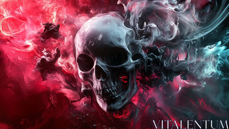 Volumetric skull emerges through turbulent red and cyan nebular smoke