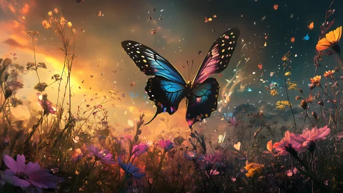 Bioluminescent butterfly hovers above glowing wildflower meadow.