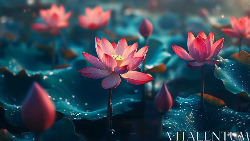 Digital lotus flowers over teal water with dewdrops at dusk.