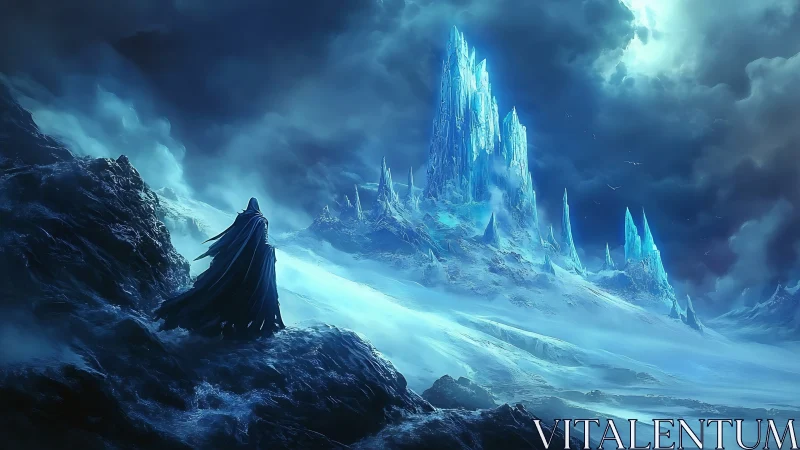 Lone wanderer gazes toward a towering frozen crystal citadel.