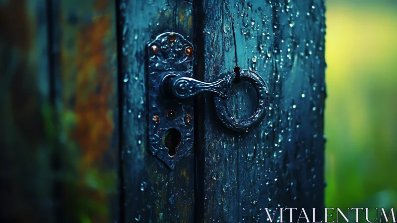 Rain-kissed old door handle opening into soft green light.