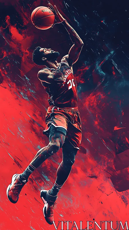 Basketball player executes upward layup in stylized red scene