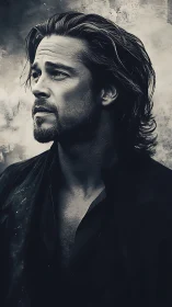 Brooding monochrome portrait of long haired man outdoors.