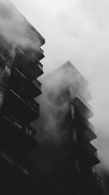 Fog-shrouded tower balconies in stark monochrome abstraction.