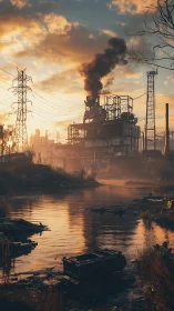 Industrial plant emits smoke over polluted river at sunset