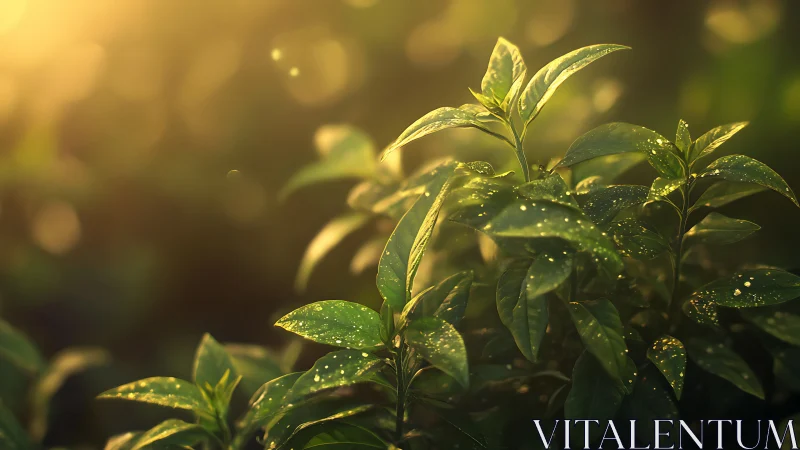 Green plant leaves with water droplets in warm backlight.