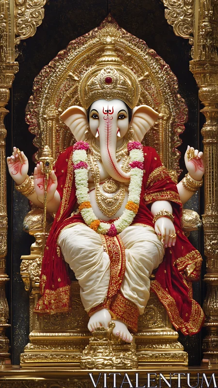 Golden throne of Ganesha wrapped in ruby silk serenity.