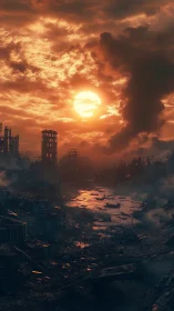 Sunset bleeds over a ruined city drowned in molten light