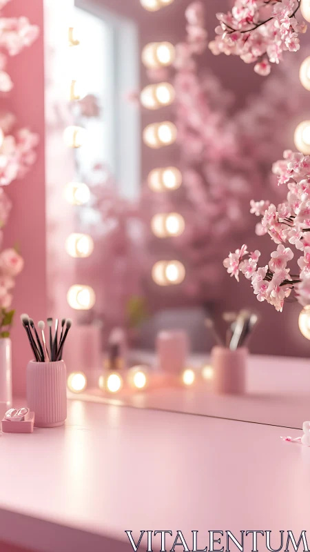 Soft-focus pink vanity with cherry blossoms and bokeh lights