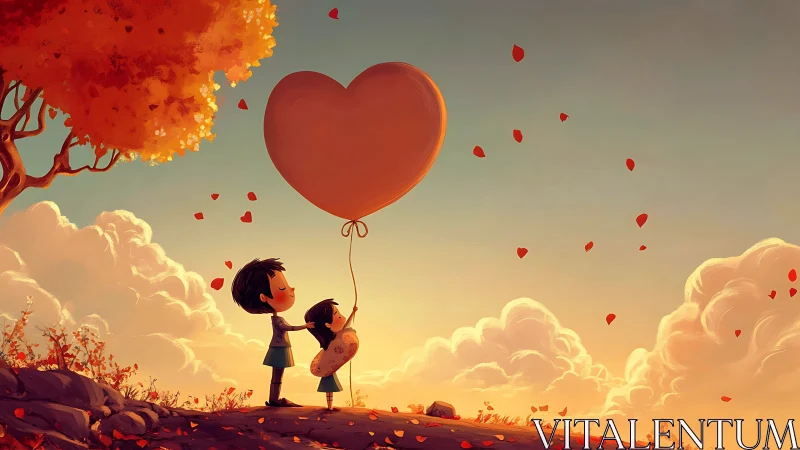 Two Children Hold Giant Heart Balloon Against Sunset Sky