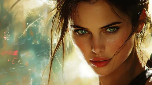 Hyperreal digital portrait of intense green-eyed woman gaze.