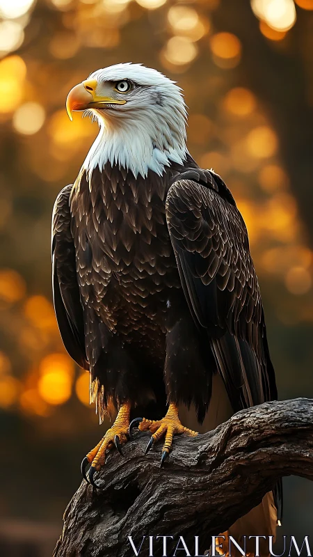 Regal eagle gazes through molten sunset bokeh haze
